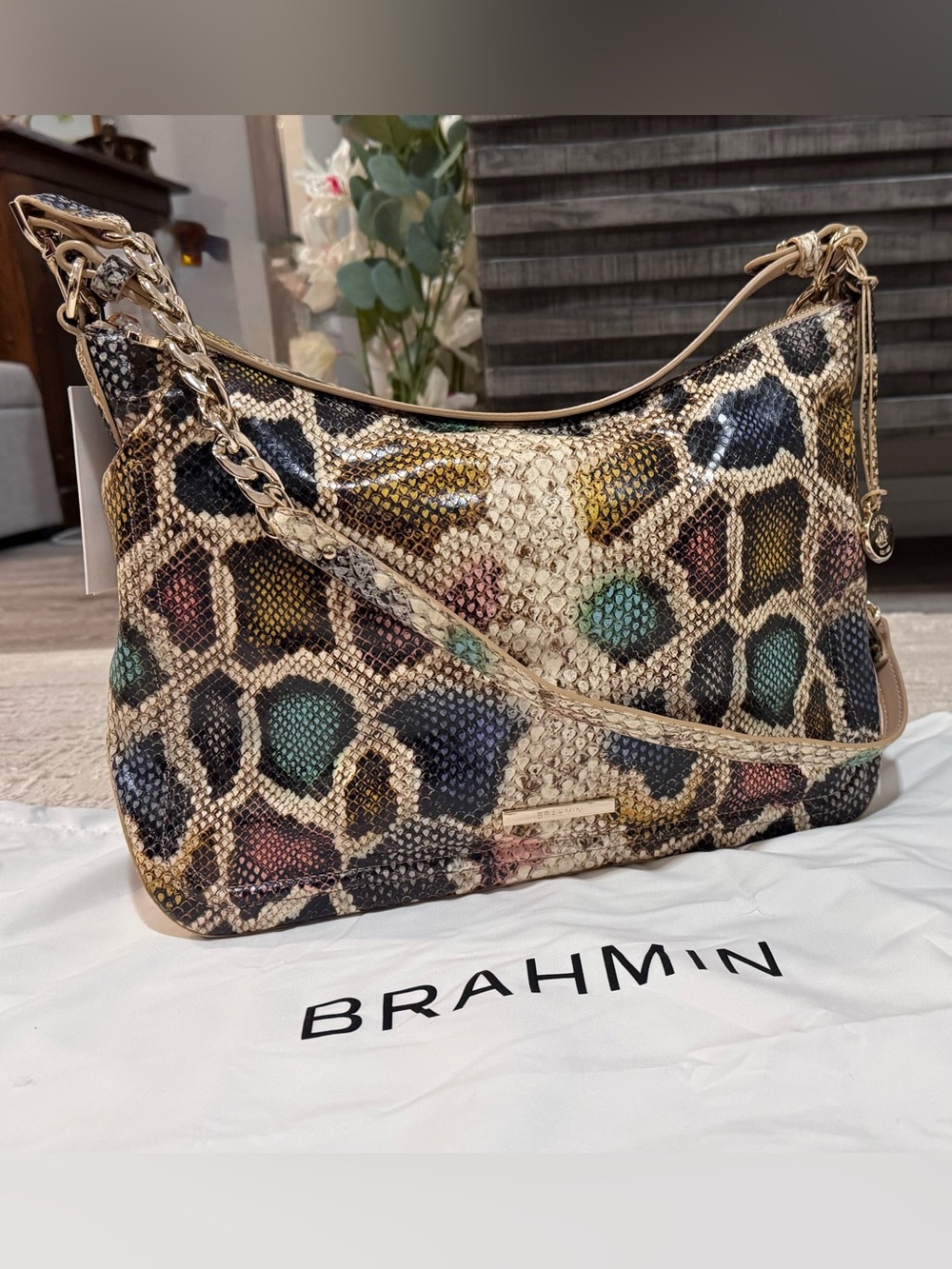 Brahmin Heather Multi Caloosa Python-Embossed Shoulder Bag with Gold Chain strap